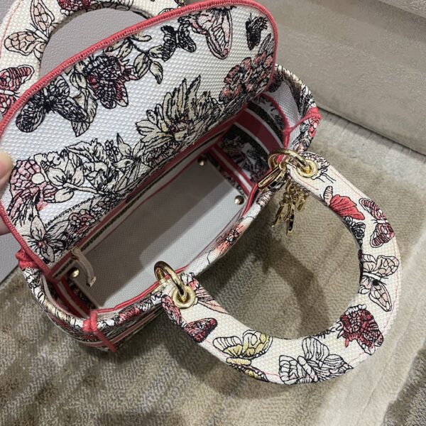 1:1 Replica Christian Dior Medium Lady D-Lite Bag Multicolor Butterfly Embroidery, Red/Latte, For Women Women's Handbags, 24cm CD M0565ORHQ_M884