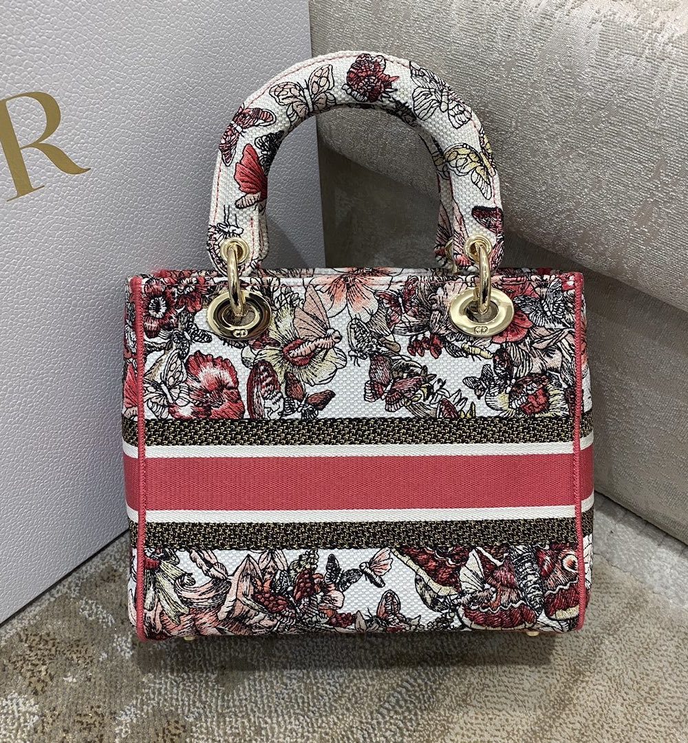 1:1 Replica Christian Dior Medium Lady D-Lite Bag Multicolor Butterfly Embroidery, Red/Latte, For Women Women's Handbags, 24cm CD M0565ORHQ_M884