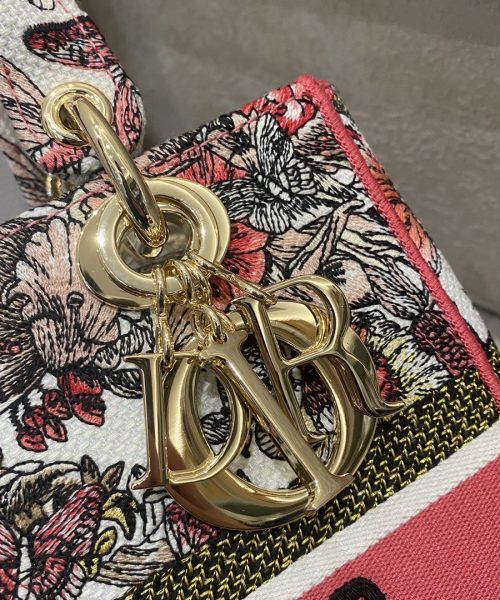 1:1 Replica Christian Dior Medium Lady D-Lite Bag Multicolor Butterfly Embroidery, Red/Latte, For Women Women's Handbags, 24cm CD M0565ORHQ_M884