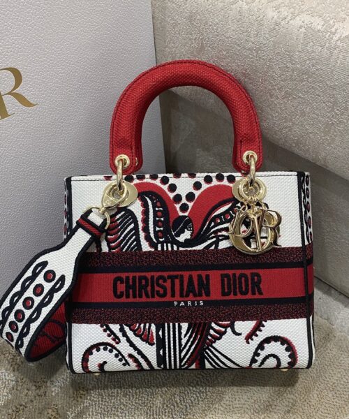 1:1 Replica Christian Dior Medium Lady D-Lite Bag Multicolor Cupidon Embroidery, Red/Latte, For Women Women's Handbags, 24cm CD M0565OTQG_M941
