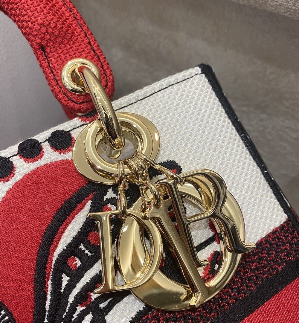 1:1 Replica Christian Dior Medium Lady D-Lite Bag Multicolor Cupidon Embroidery, Red/Latte, For Women Women's Handbags, 24cm CD M0565OTQG_M941