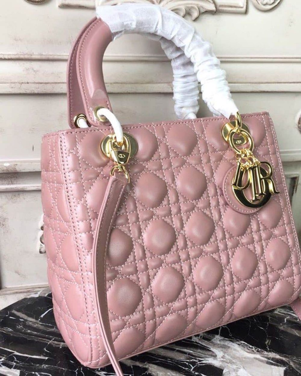 1:1 Replica Christian Dior Medium Lady Dior Bag Gold Toned Hardware Dusty Pink For Women 24cm/9in CD