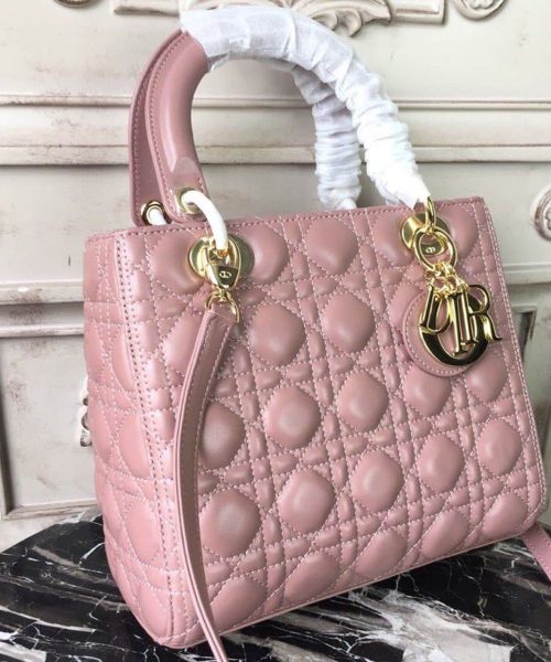1:1 Replica Christian Dior Medium Lady Dior Bag Gold Toned Hardware Dusty Pink For Women 24cm/9in CD