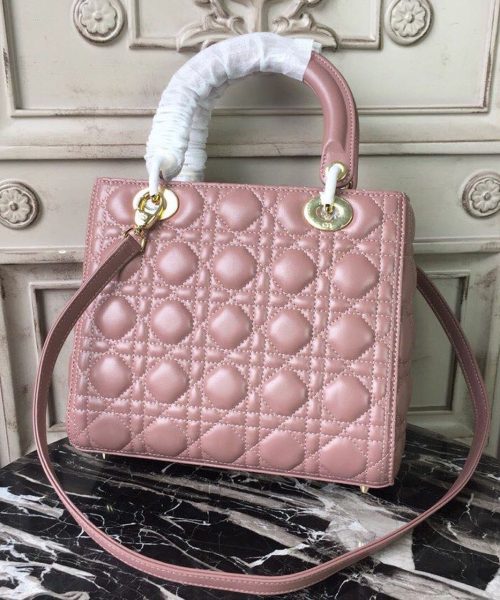 1:1 Replica Christian Dior Medium Lady Dior Bag Gold Toned Hardware Dusty Pink For Women 24cm/9in CD