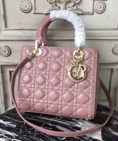 1:1 Replica Christian Dior Medium Lady Dior Bag Gold Toned Hardware Dusty Pink For Women 24cm/9in CD