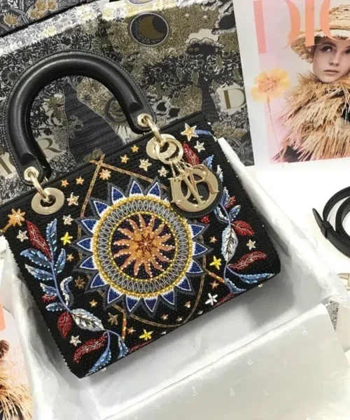 1:1 Replica Christian Dior Medium Lady Dior Bag Gold Toned Hardware Multicolor Black For Women 9.5in/24cm CD