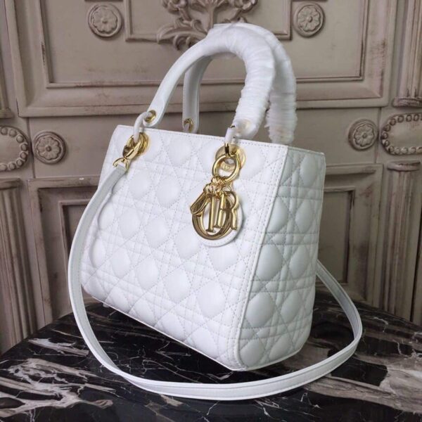 1:1 Replica Christian Dior Medium Lady Dior Bag Gold Toned Hardware White For Women 24cm/9in CD