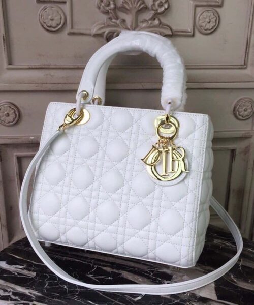 1:1 Replica Christian Dior Medium Lady Dior Bag Gold Toned Hardware White For Women 24cm/9in CD