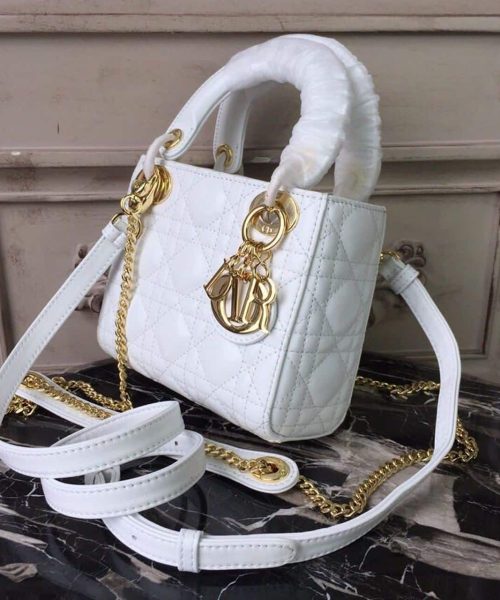 1:1 Replica Christian Dior Mini Lady Dior Bag Gold Toned Hardware White For Women 18cm/7in CD