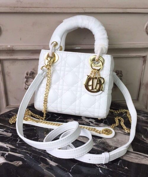 1:1 Replica Christian Dior Mini Lady Dior Bag Gold Toned Hardware White For Women 18cm/7in CD