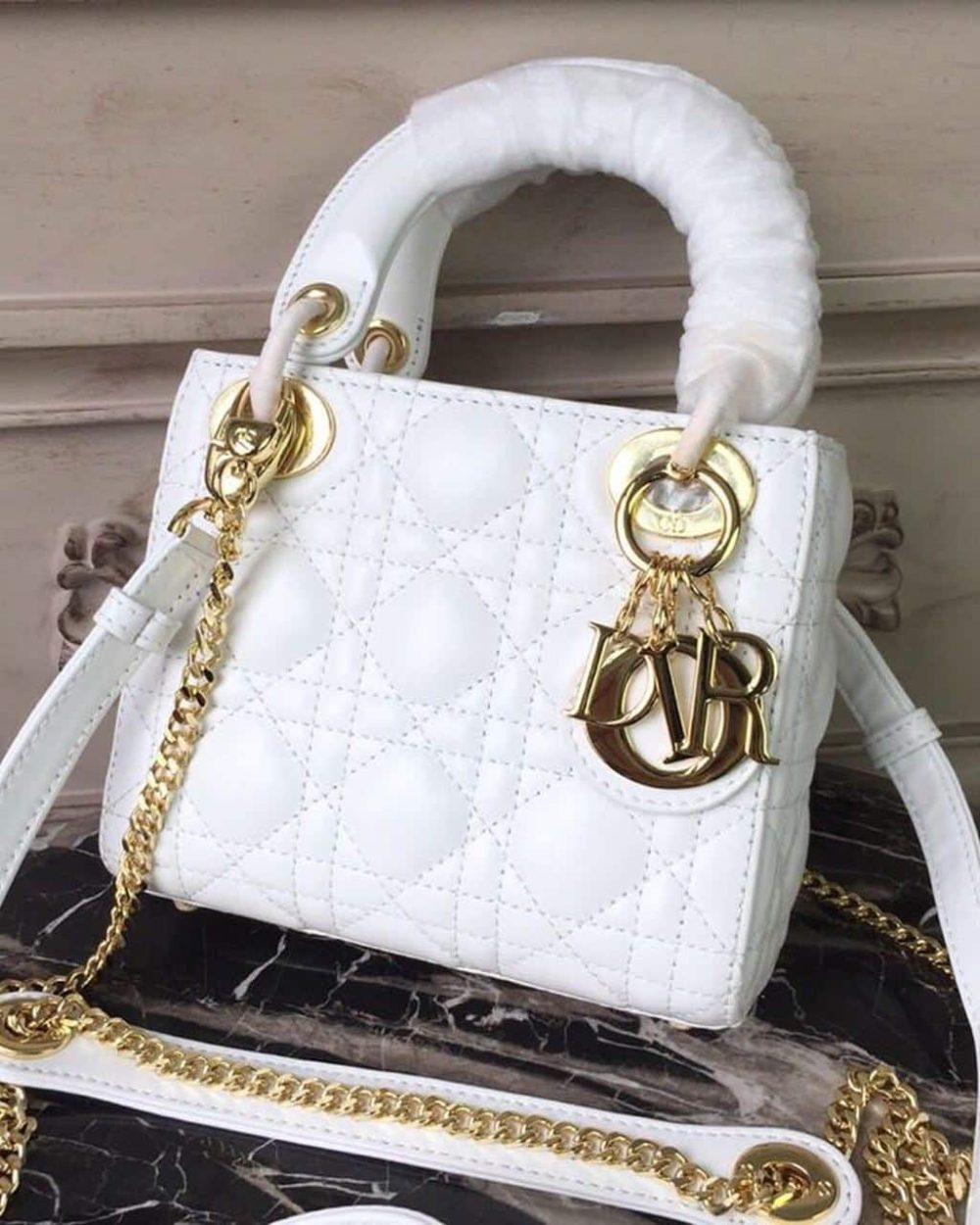 1:1 Replica Christian Dior Mini Lady Dior Bag Gold Toned Hardware White For Women 18cm/7in CD