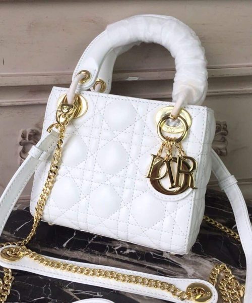 1:1 Replica Christian Dior Mini Lady Dior Bag Gold Toned Hardware White For Women 18cm/7in CD