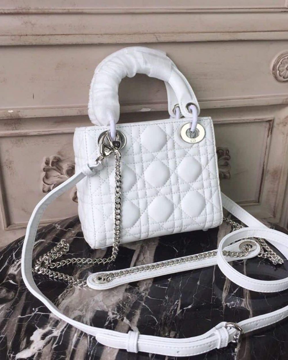 1:1 Replica Christian Dior Mini Lady Dior Bag White Chain Silver Hardware For Women 17cm/6.5in CD