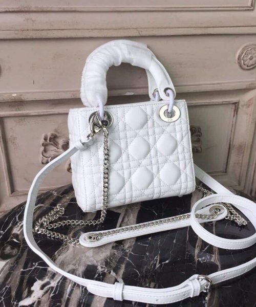 1:1 Replica Christian Dior Mini Lady Dior Bag White Chain Silver Hardware For Women 17cm/6.5in CD