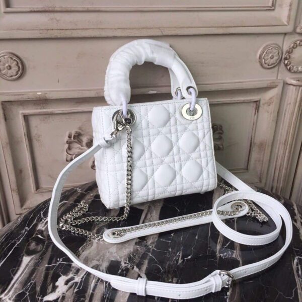 1:1 Replica Christian Dior Mini Lady Dior Bag White Chain Silver Hardware For Women 17cm/6.5in CD