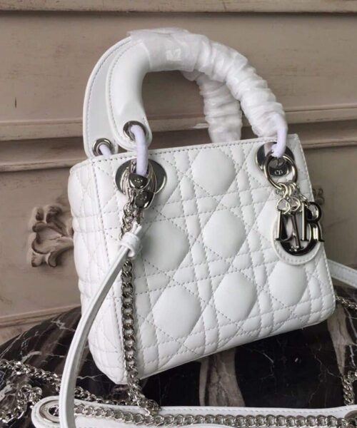 1:1 Replica Christian Dior Mini Lady Dior Bag White Chain Silver Hardware For Women 17cm/6.5in CD