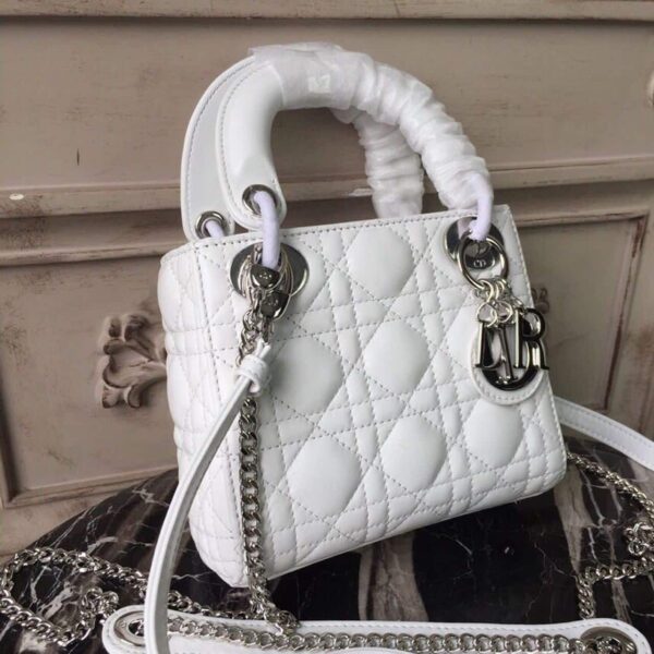 1:1 Replica Christian Dior Mini Lady Dior Bag White Chain Silver Hardware For Women 17cm/6.5in CD