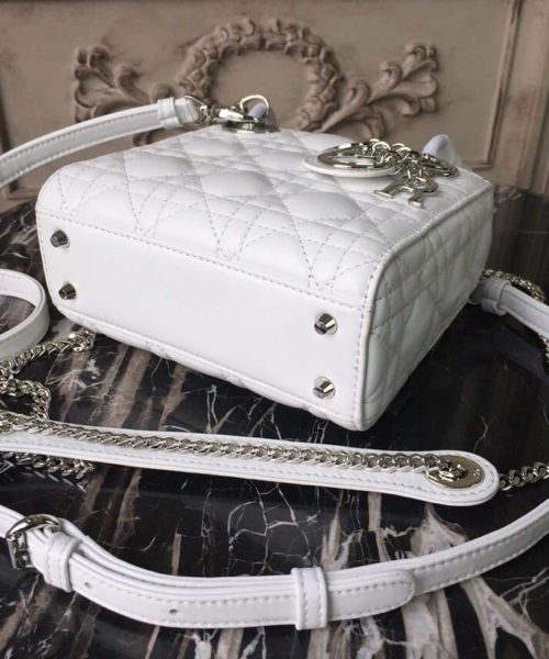 1:1 Replica Christian Dior Mini Lady Dior Bag White Chain Silver Hardware For Women 17cm/6.5in CD