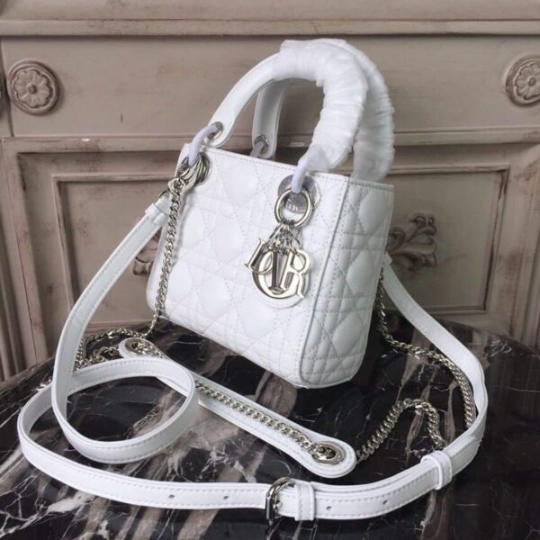 1:1 Replica Christian Dior Mini Lady Dior Bag White Chain Silver Hardware For Women 17cm/6.5in CD