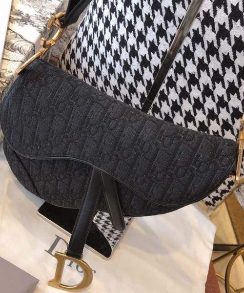 1:1 Replica Christian Dior Saddle Bag Black Oblique Embroidered Canvas Gold Toned Hardware For Women 25cm/10in CD