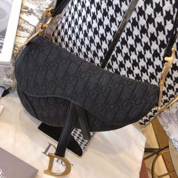1:1 Replica Christian Dior Saddle Bag Black Oblique Embroidered Canvas Gold Toned Hardware For Women 25cm/10in CD