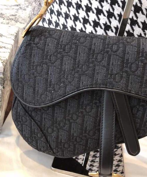 1:1 Replica Christian Dior Saddle Bag Black Oblique Embroidered Canvas Gold Toned Hardware For Women 25cm/10in CD
