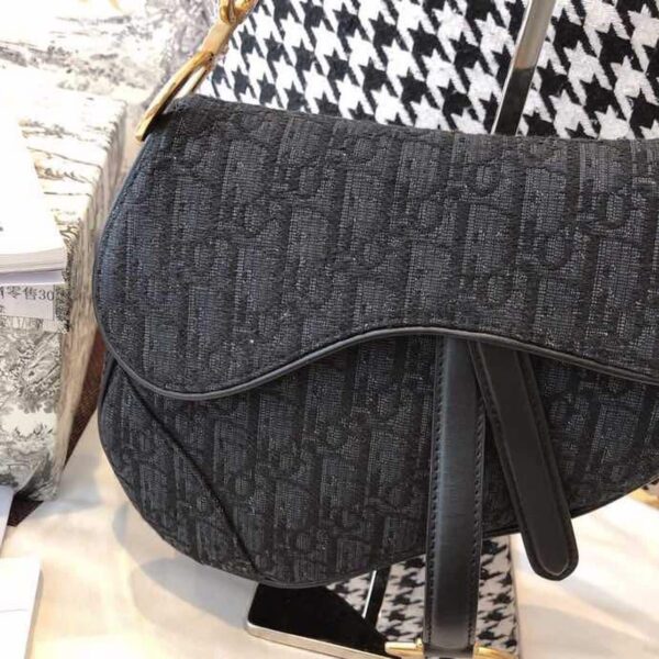 1:1 Replica Christian Dior Saddle Bag Black Oblique Embroidered Canvas Gold Toned Hardware For Women 25cm/10in CD