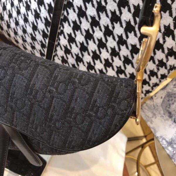 1:1 Replica Christian Dior Saddle Bag Black Oblique Embroidered Canvas Gold Toned Hardware For Women 25cm/10in CD