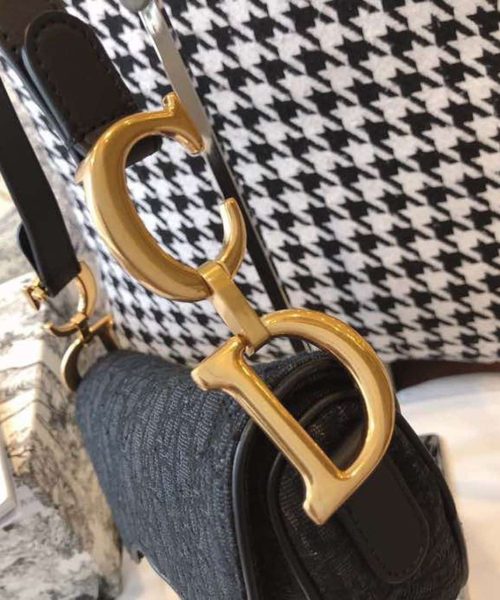 1:1 Replica Christian Dior Saddle Bag Black Oblique Embroidered Canvas Gold Toned Hardware For Women 25cm/10in CD