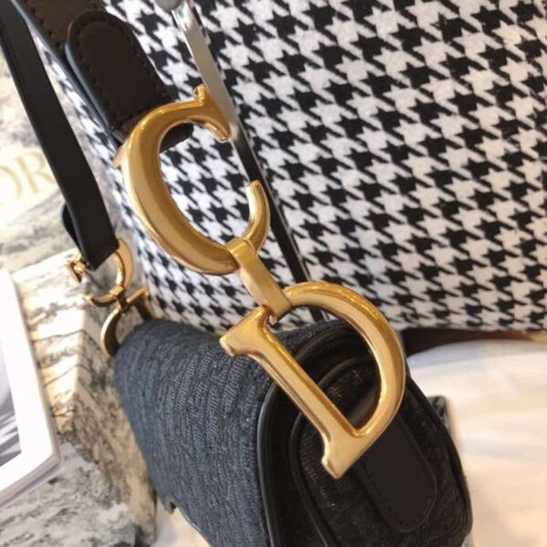 1:1 Replica Christian Dior Saddle Bag Black Oblique Embroidered Canvas Gold Toned Hardware For Women 25cm/10in CD