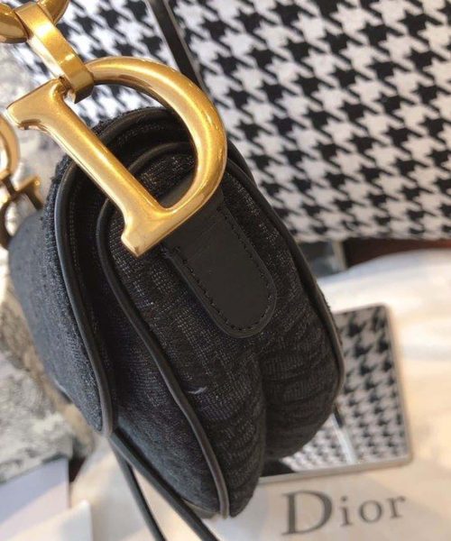 1:1 Replica Christian Dior Saddle Bag Black Oblique Embroidered Canvas Gold Toned Hardware For Women 25cm/10in CD