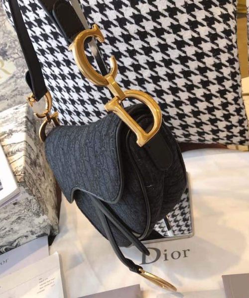 1:1 Replica Christian Dior Saddle Bag Black Oblique Embroidered Canvas Gold Toned Hardware For Women 25cm/10in CD