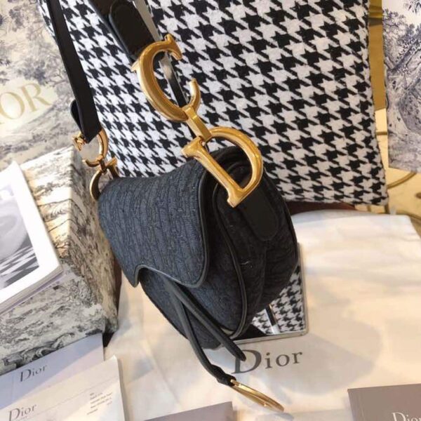 1:1 Replica Christian Dior Saddle Bag Black Oblique Embroidered Canvas Gold Toned Hardware For Women 25cm/10in CD