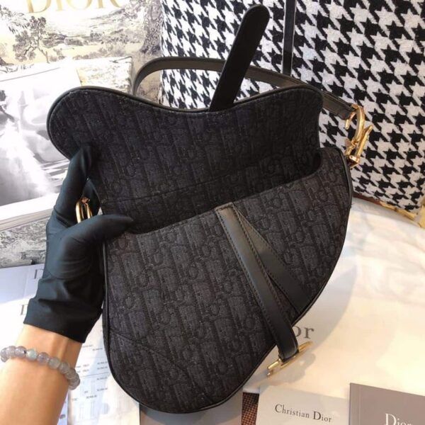 1:1 Replica Christian Dior Saddle Bag Black Oblique Embroidered Canvas Gold Toned Hardware For Women 25cm/10in CD