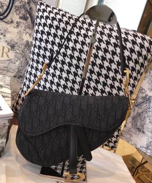 1:1 Replica Christian Dior Saddle Bag Black Oblique Embroidered Canvas Gold Toned Hardware For Women 25cm/10in CD