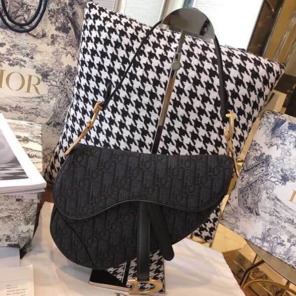 1:1 Replica Christian Dior Saddle Bag Black Oblique Embroidered Canvas Gold Toned Hardware For Women 25cm/10in CD