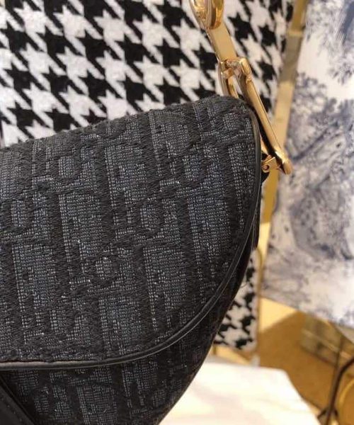 1:1 Replica Christian Dior Saddle Bag Black Oblique Embroidered Canvas Gold Toned Hardware For Women 25cm/10in CD