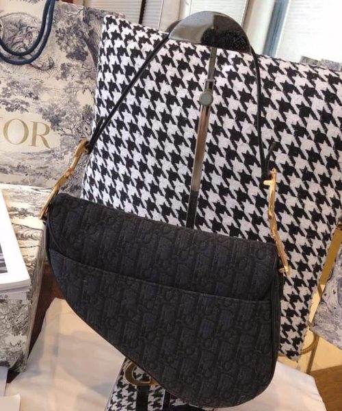 1:1 Replica Christian Dior Saddle Bag Black Oblique Embroidered Canvas Gold Toned Hardware For Women 25cm/10in CD