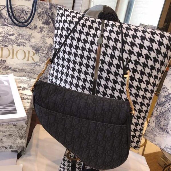 1:1 Replica Christian Dior Saddle Bag Black Oblique Embroidered Canvas Gold Toned Hardware For Women 25cm/10in CD