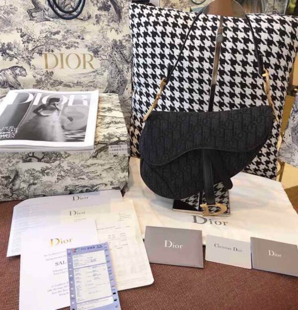 1:1 Replica Christian Dior Saddle Bag Black Oblique Embroidered Canvas Gold Toned Hardware For Women 25cm/10in CD