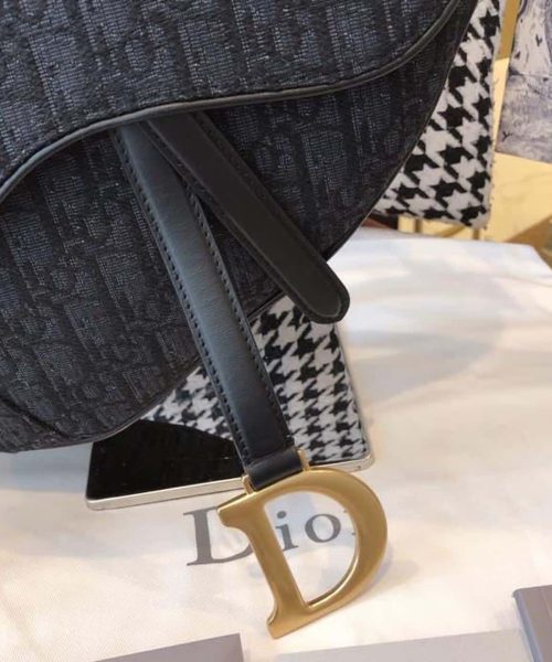 1:1 Replica Christian Dior Saddle Bag Black Oblique Embroidered Canvas Gold Toned Hardware For Women 25cm/10in CD