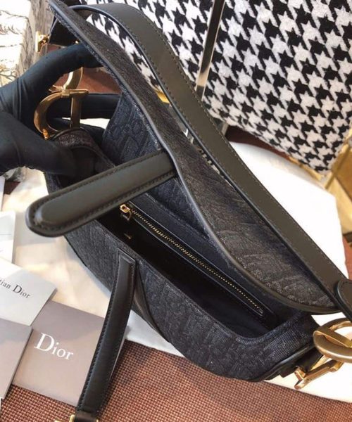 1:1 Replica Christian Dior Saddle Bag Black Oblique Embroidered Canvas Gold Toned Hardware For Women 25cm/10in CD