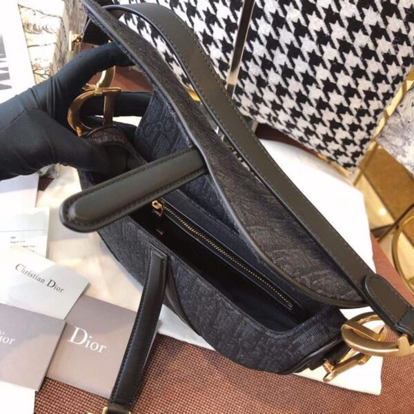 1:1 Replica Christian Dior Saddle Bag Black Oblique Embroidered Canvas Gold Toned Hardware For Women 25cm/10in CD