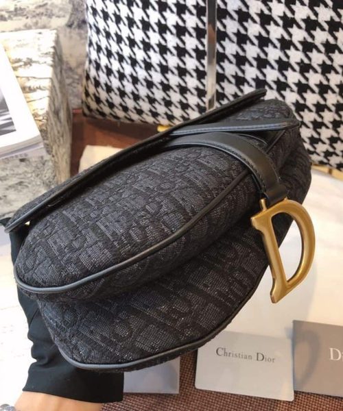1:1 Replica Christian Dior Saddle Bag Black Oblique Embroidered Canvas Gold Toned Hardware For Women 25cm/10in CD