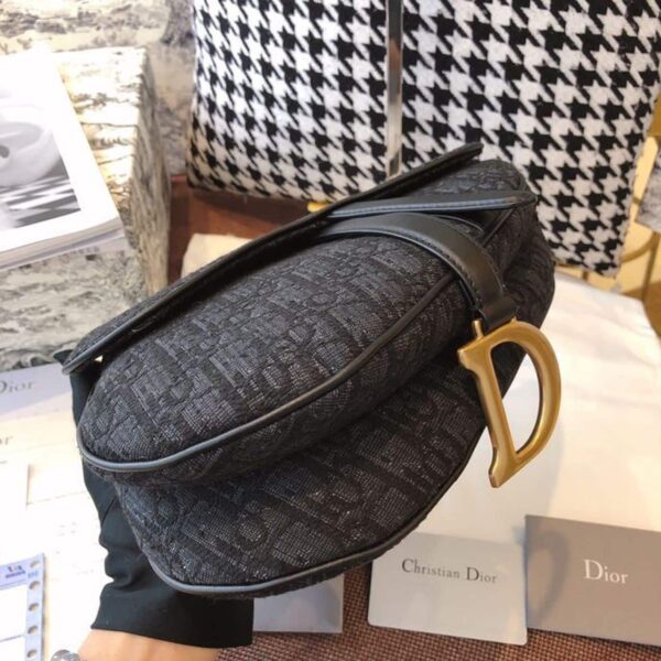 1:1 Replica Christian Dior Saddle Bag Black Oblique Embroidered Canvas Gold Toned Hardware For Women 25cm/10in CD