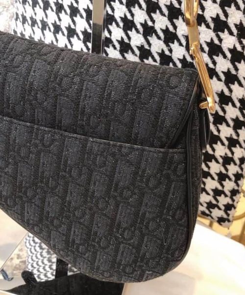 1:1 Replica Christian Dior Saddle Bag Black Oblique Embroidered Canvas Gold Toned Hardware For Women 25cm/10in CD
