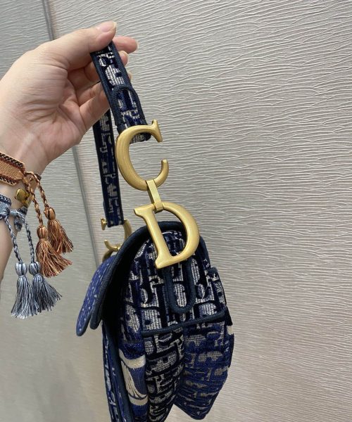 1:1 Replica Christian Dior Saddle Bag Blue Oblique Canvas Gold Toned Hardware For Women 25cm/10in CD