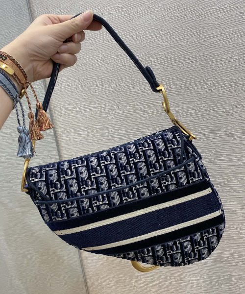 1:1 Replica Christian Dior Saddle Bag Blue Oblique Canvas Gold Toned Hardware For Women 25cm/10in CD