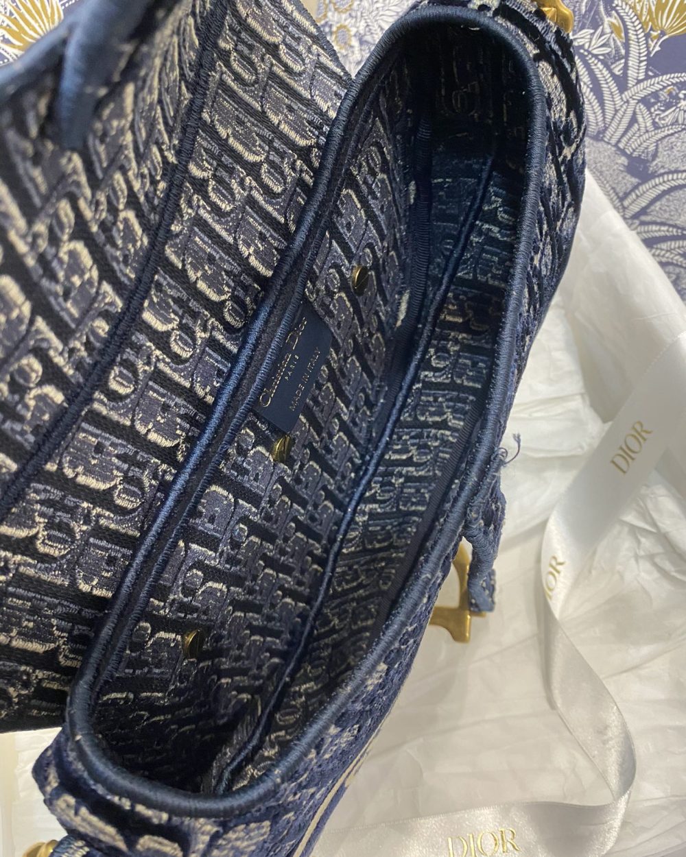 1:1 Replica Christian Dior Saddle Bag Blue Oblique Canvas Gold Toned Hardware For Women 25cm/10in CD