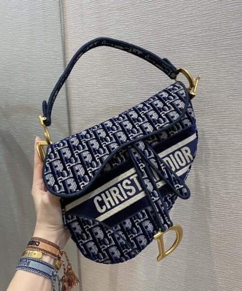 1:1 Replica Christian Dior Saddle Bag Blue Oblique Canvas Gold Toned Hardware For Women 25cm/10in CD